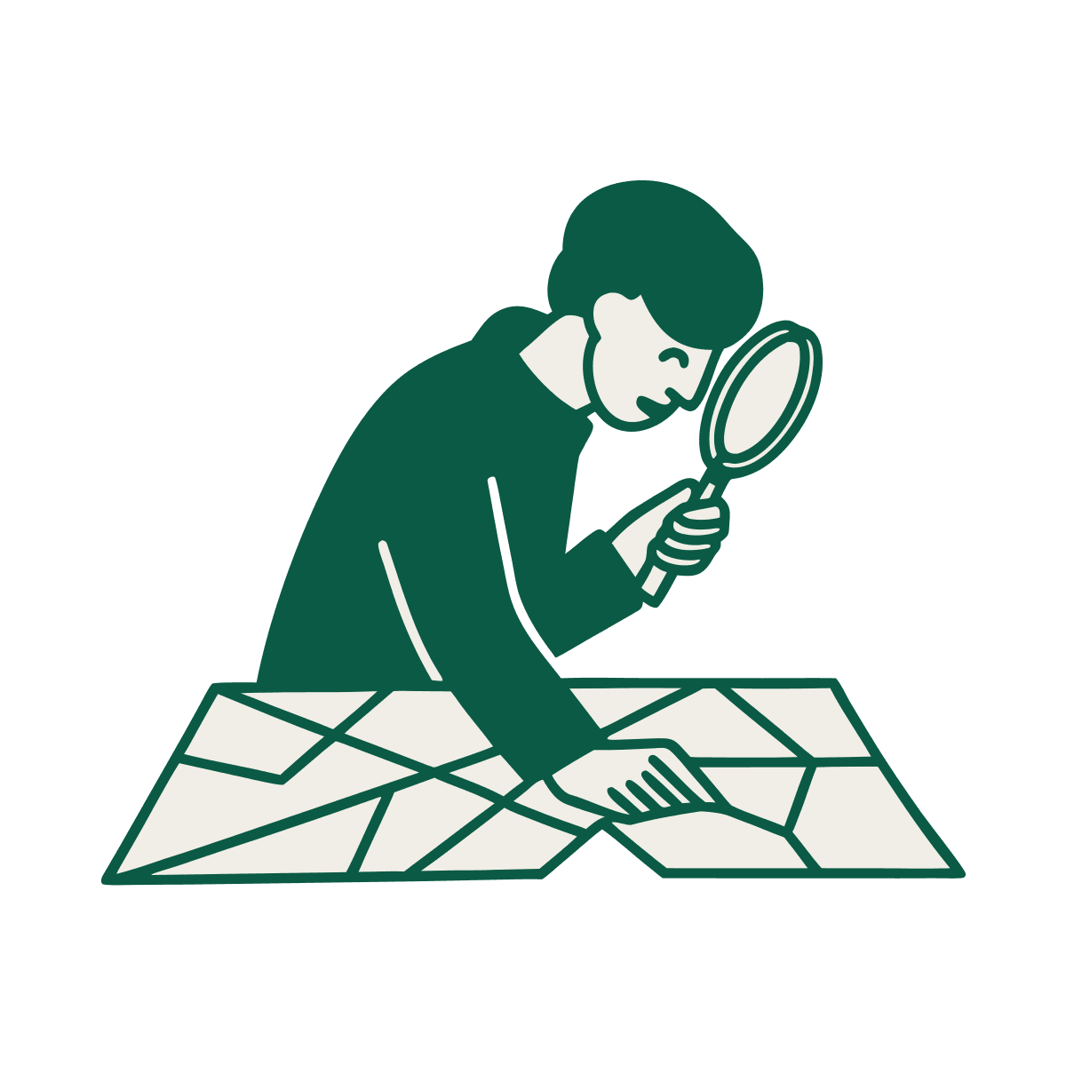 Un homme penché examine à la loupe un grand plan déplié, dont les routes se croisent comme les liens d'un site